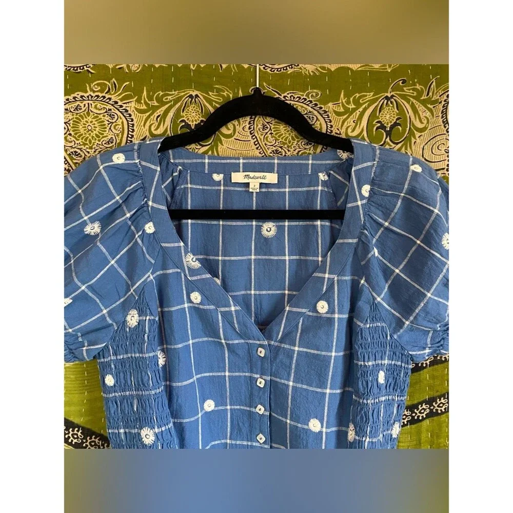 Madewell Hermitage Blue Embroidered Puff Sleeve Window Pane Crop Top 2